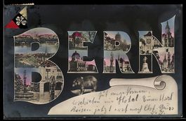 AK Bern, Collage `BERN` mit Stadtansichten und Bär